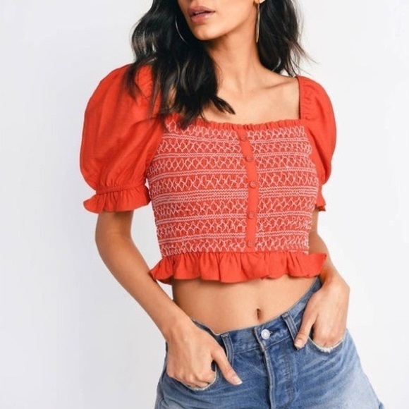 Lost + Wander Bloody Mary Red Smocked Top Puff Sleeve Medium - Picture 1 of 10